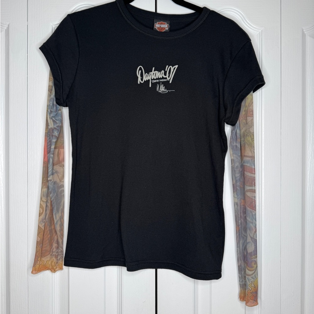 Harley Davidson Daytona Bike Week 2007 Mesh Tattoo Sleeve Women’s Tee Size Large